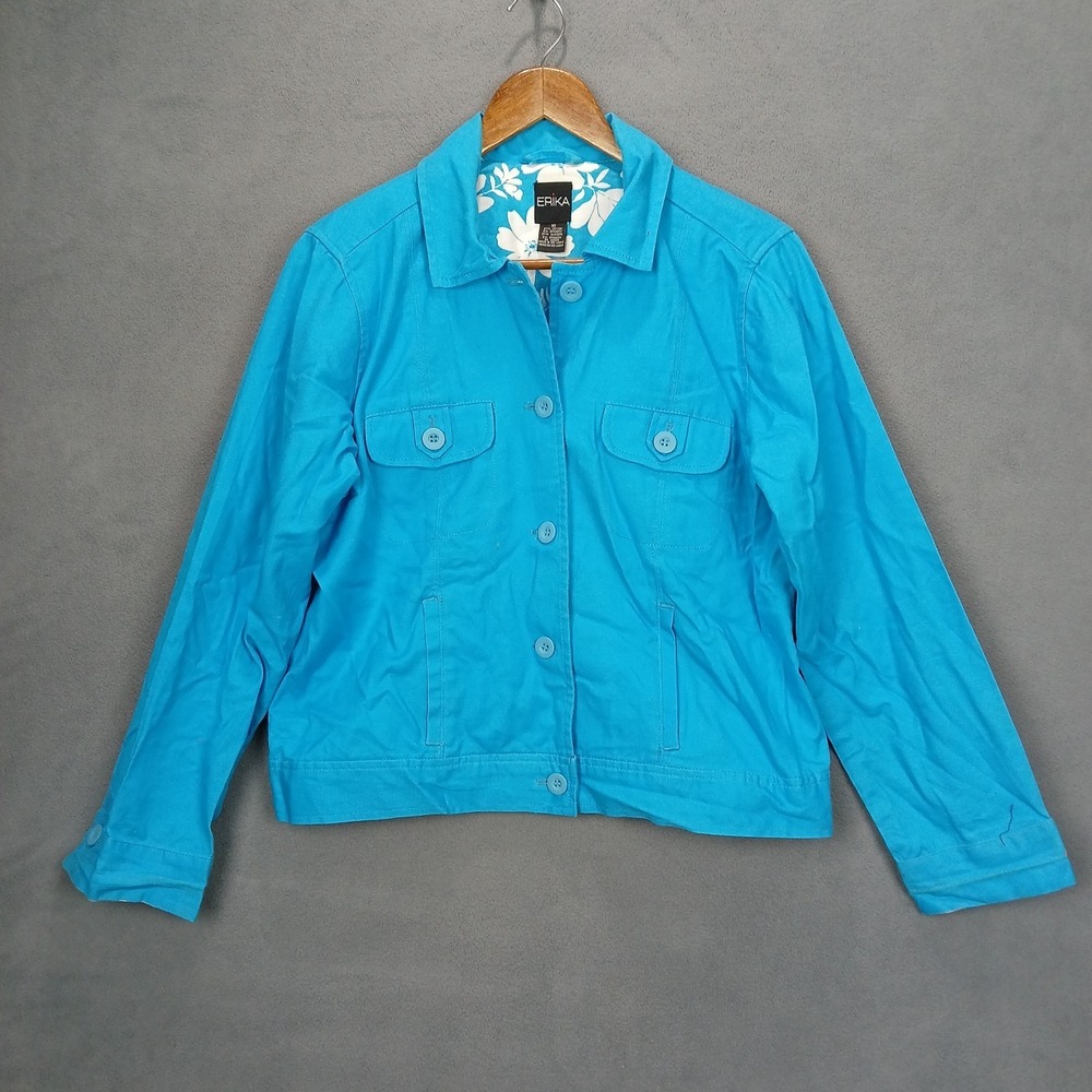 Vintage Erika Jeans Jacket Womens 10 Blue Cotton Stretch Lined Button Front‎